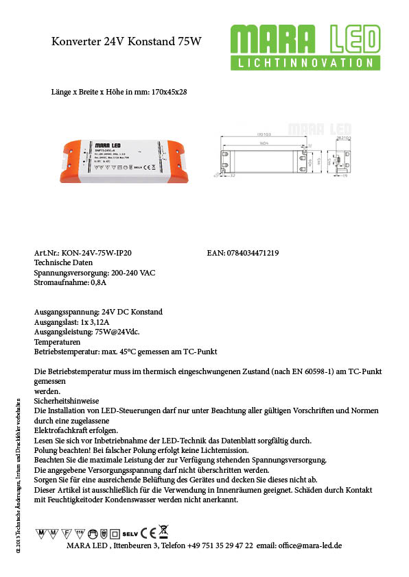 KON 24V 75W IP20NID Nicht dimmbar